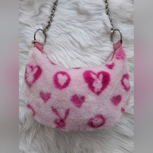 Pink Faux Fur Playboy Purse Rhinestone Bunny Hobo Bag Hearts